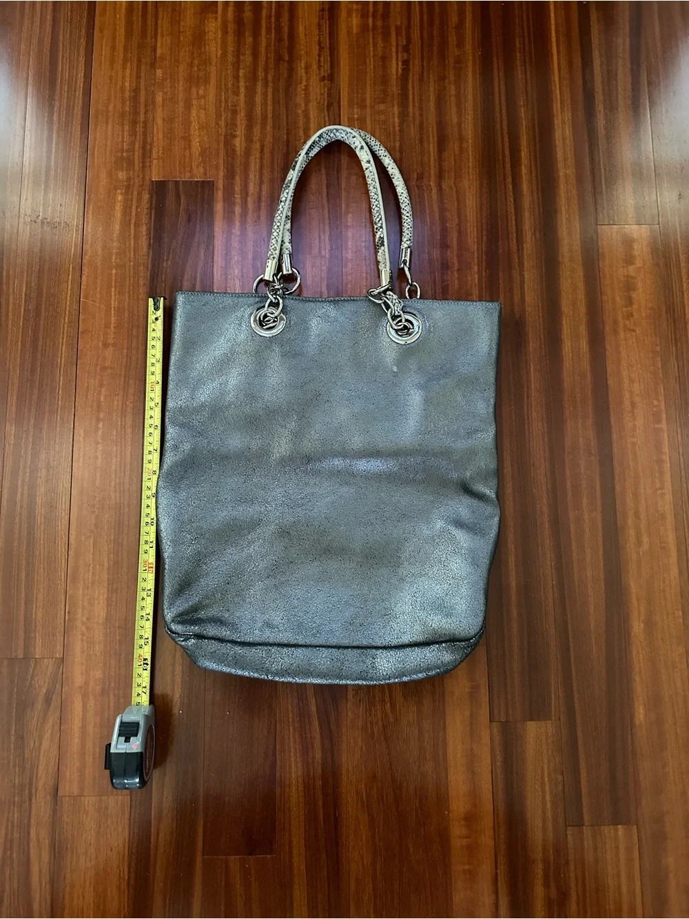 Metallic Black Tote with Snakeskin-Textured Chain Handles